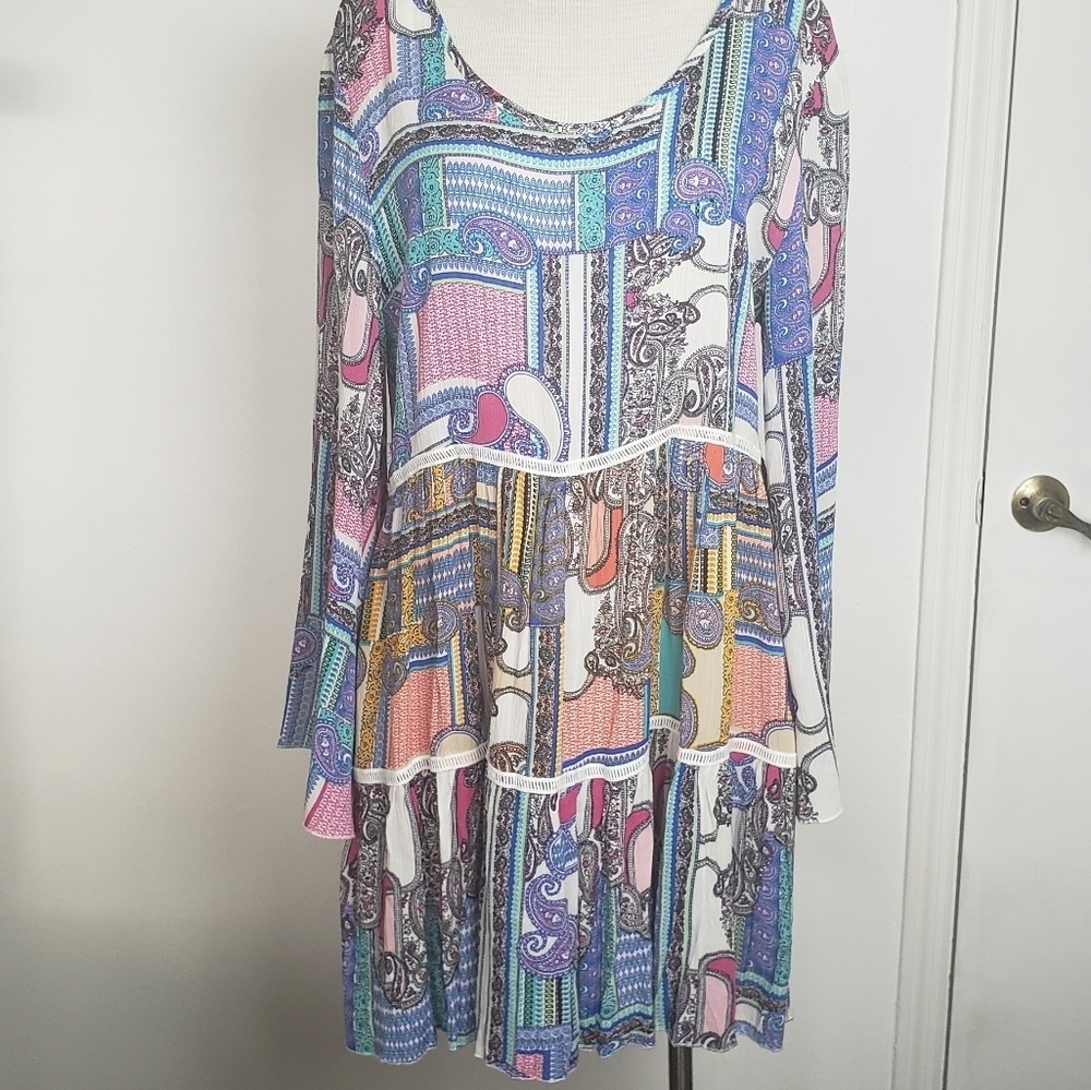 Velzera Blue Paisley Print Lace Bell Sleeve Boho Mini Women's Dress Size S  NWT
